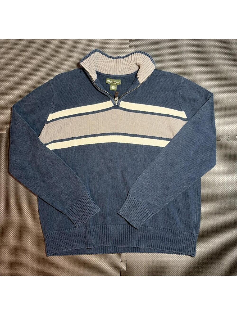 Eddie Bauer Blue Striped Knit Quarter Zip Sweater Men's Size XL Preppy Vintage